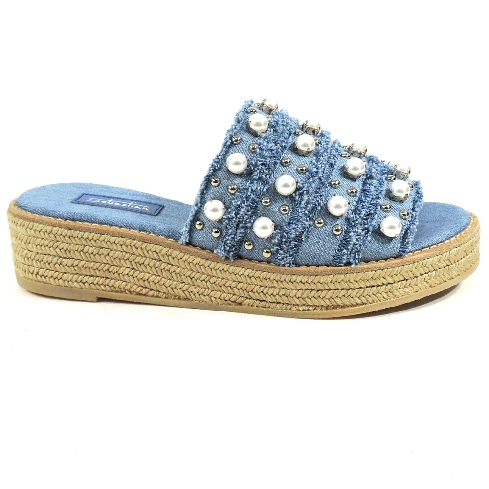 SEBASTIAN 🇮🇹 WOMEN'S BLUE JEANS DENIM COMFORT SUMMER WEDGE MULES - Picture 4 of 8